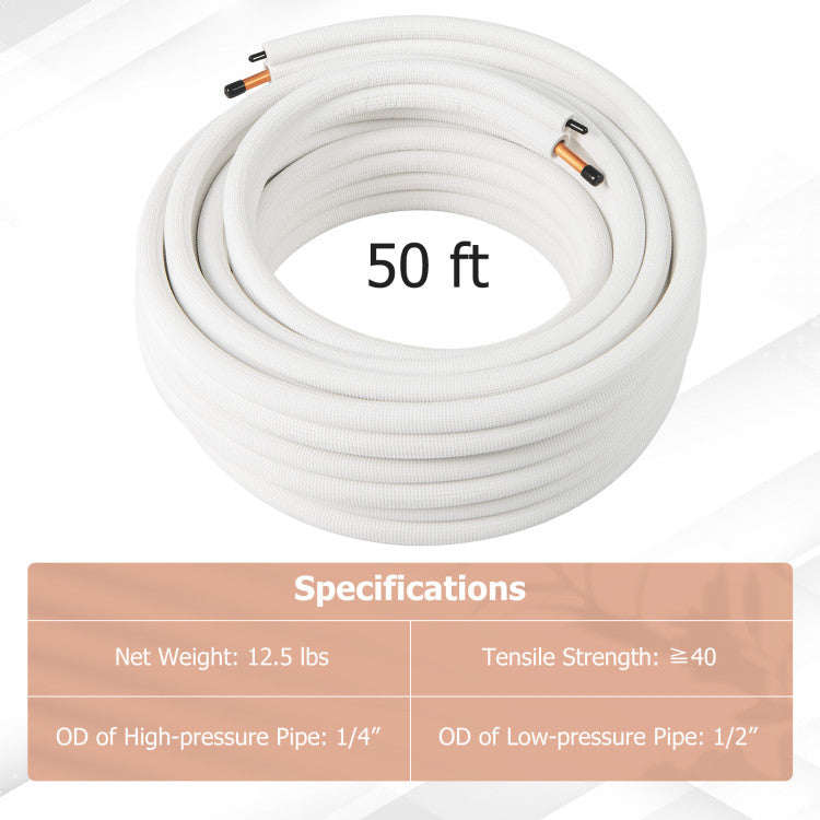 50 Feet Mini Split Line Set with 1/4 Inch and 1/2 Inch O.D. Copper Pipes Tubing - 8