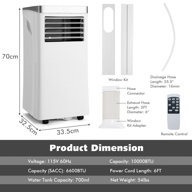 10000 BTU(Ashrae) 3-in-1 Portable Air Conditioner with Remote Control - 12