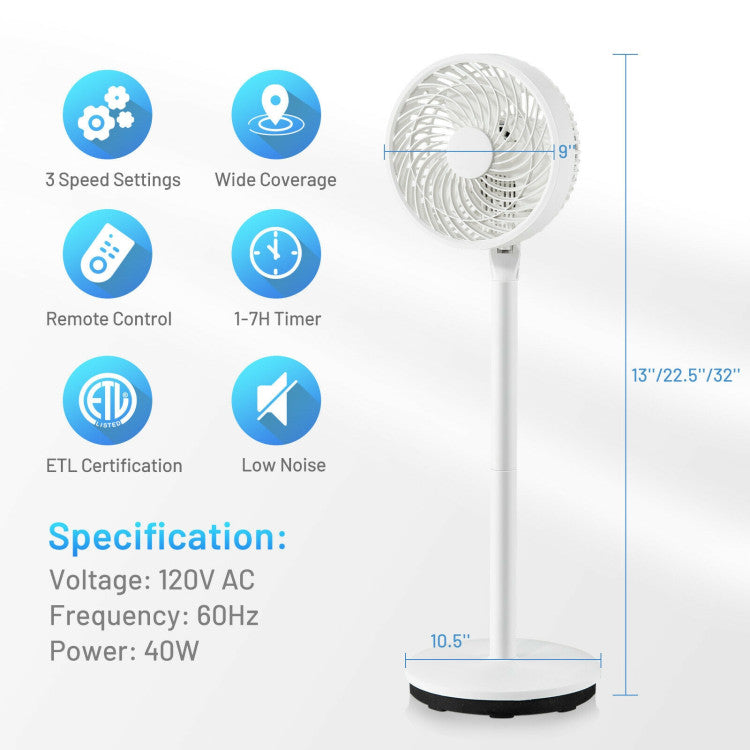 9 Inch Portable Oscillating Pedestal Floor Fan with Adjustable Heights and Speeds - 11
