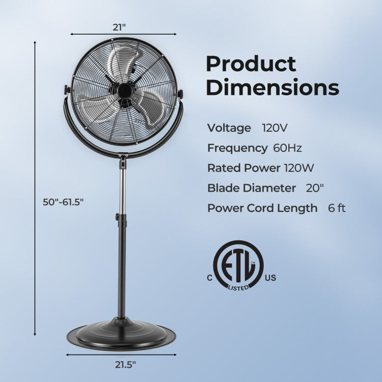 20 Inches High Velocity Pedestal Fan with 3 Speeds and Adjustable Height - 5