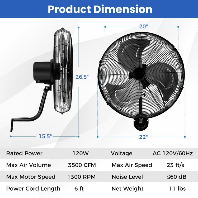 20 Inch Wall Mount Fan with 3 Fan Speeds and Adjustable Tilt Head - 10