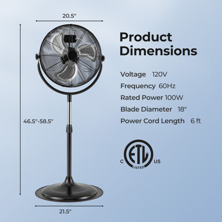 18 Inches High Velocity Pedestal Fan with 3 Speeds and Adjustable Height - 5