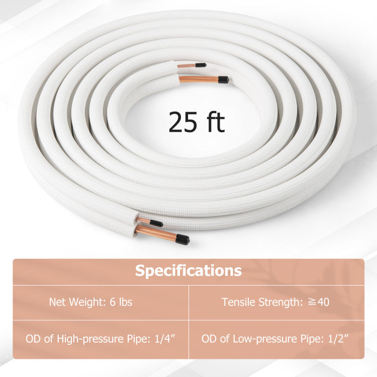 25 Feet Mini Split Line Set with 1/4 Inch and 1/2 Inch O.D. Copper Pipes Tubing - 8