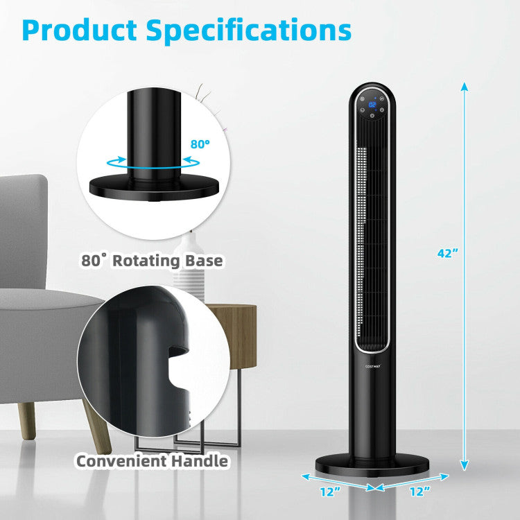 42 Inch 80 Degree Tower Fan with Smart Display Panel and Remote Control - 5