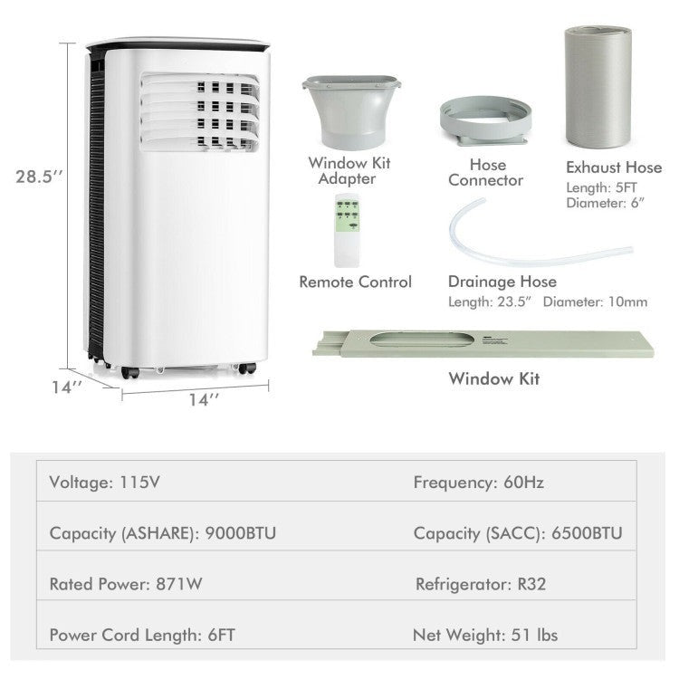 9000 BTU(Ashrae) Portable Air Conditioner with Fan and Dehumidifier - 5