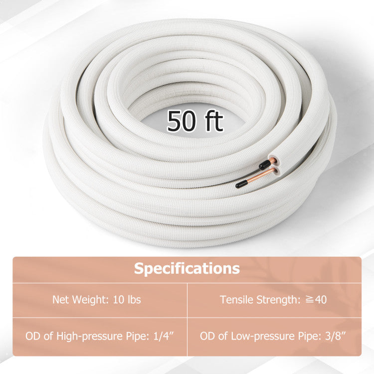 50 Feet Mini Split Line Set with 1/4 Inch and 3/8 Inch O.D. Copper Pipes Tubing - 8