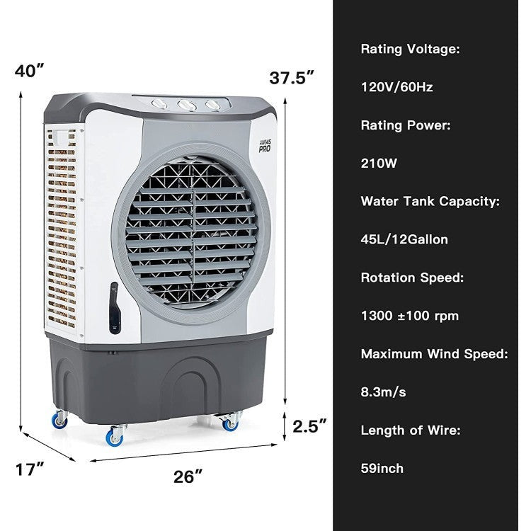 4-in-1 Industrial Evaporative Air Cooler Fan with 12 Gallon Tank and Wheels - 7
