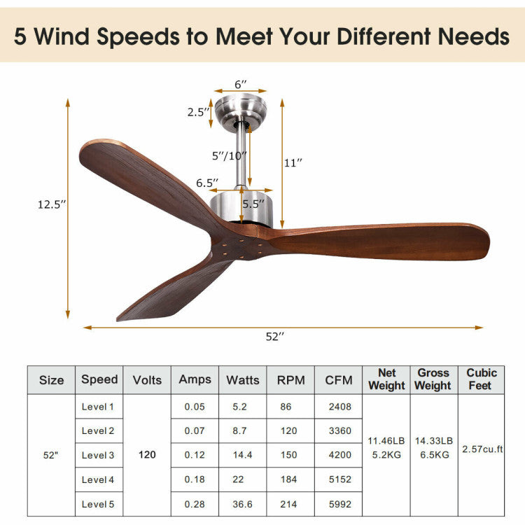 52 Inch Modern Ceiling Fan No Light with Remote Control - 7