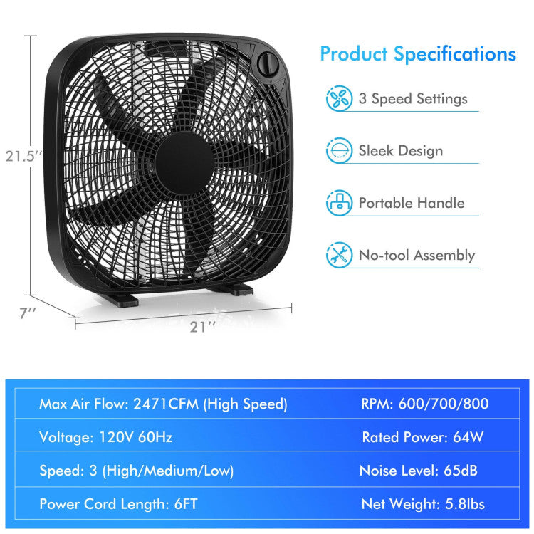 20 Inch Box Portable Floor Fan with 3 Speed Settings and Knob Control - 9