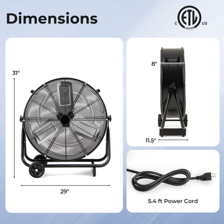 Industrial Drum Fan with 2 Wheels and 360-Degree Adjustable Tilt - 10